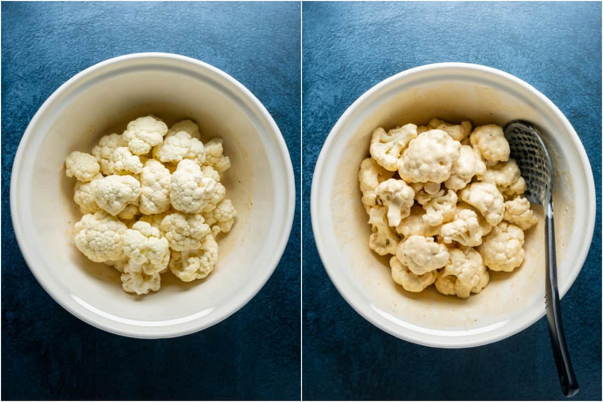 Two photo collage showing cauliflower added to batter and tossed until coated.