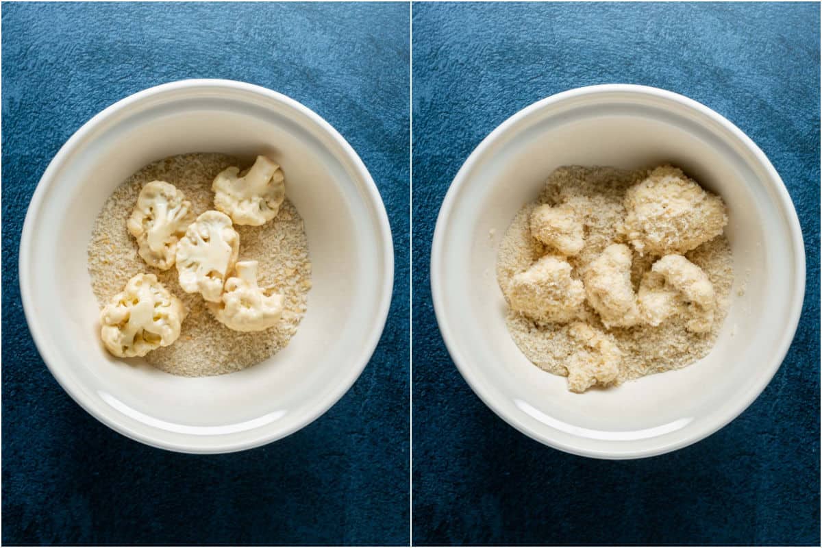 Two photo collage showing cauliflower dipped in breadcrumbs and rolled around until coated.