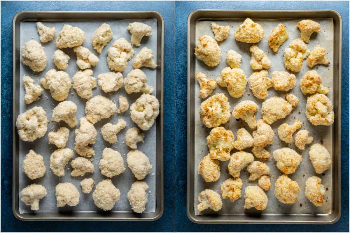 Two photo collage showing breaded cauliflower on a parchment lined baking sheet before and after baking.