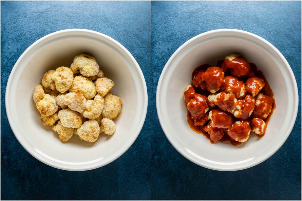 Two photo collage showing cauliflower added to bowl and then bbq sauce poured over the top.