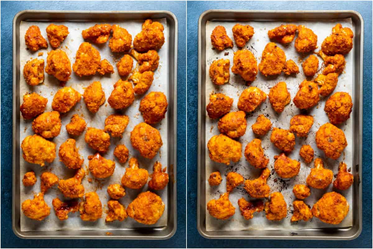 Two photo collage showing bbq cauliflower wings on a parchment lined baking sheet before and after baking.