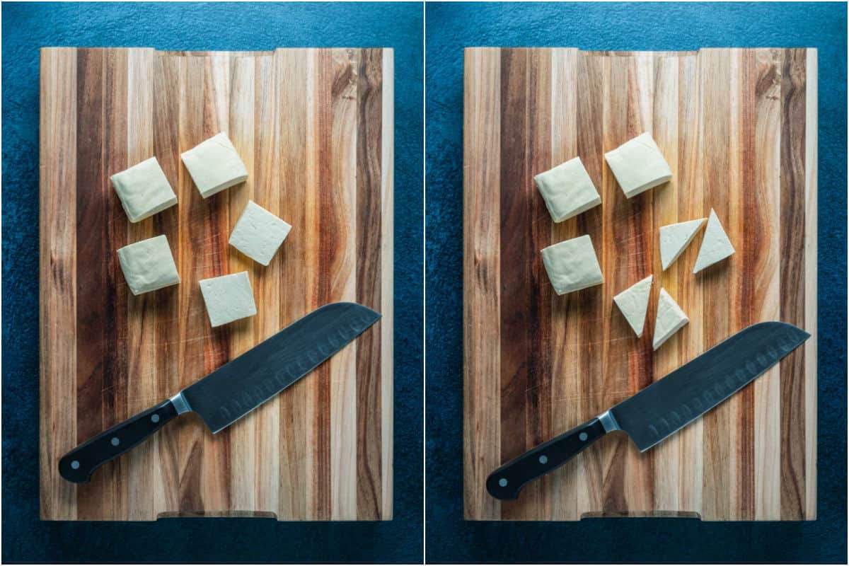 Two photo collage showing cutting tofu into triangles on a wooden board.