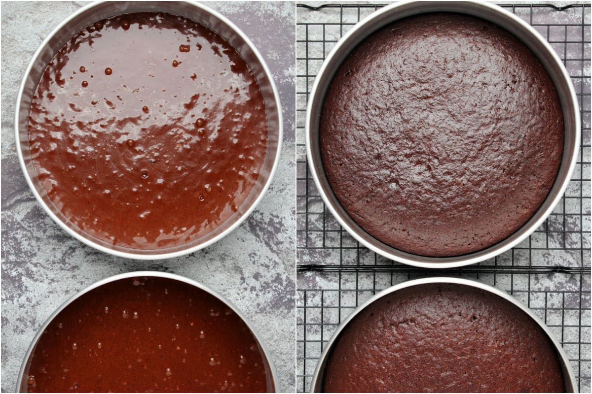 Two photo collage showing vegan chocolate cake before and after baking.