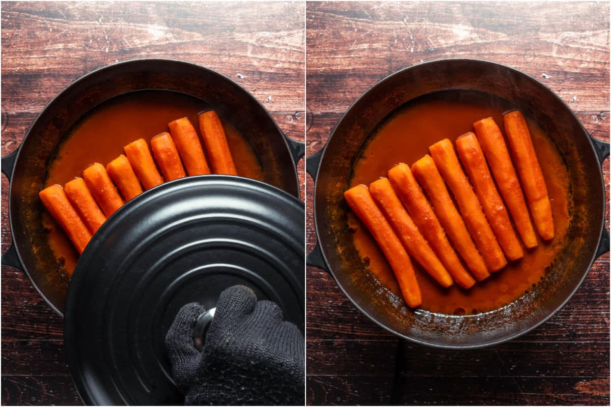 Cooked carrots in sauce in a skillet.