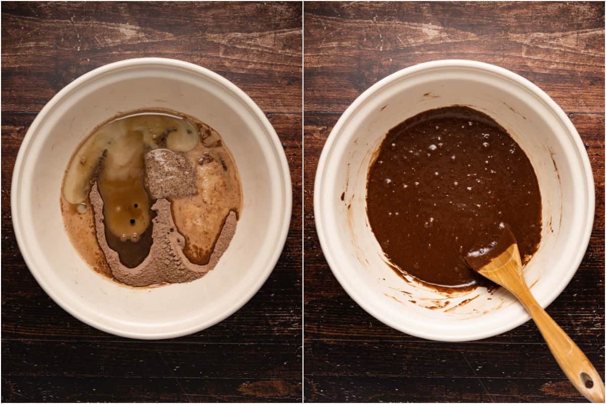 Collage of two photos showing wet ingredients added to mixing bowl and then mixed in. 