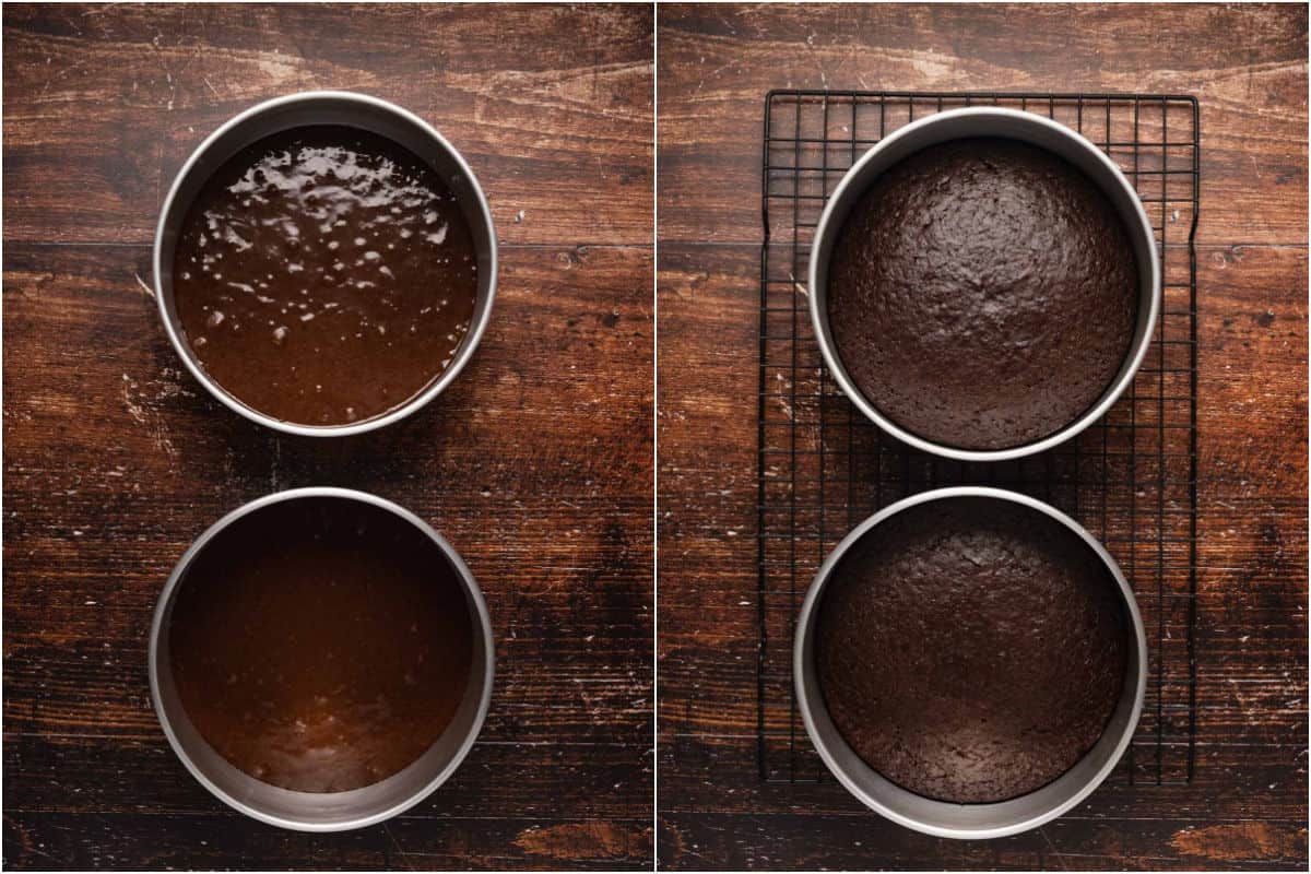 Two photo collage showing cakes before and after baking. 