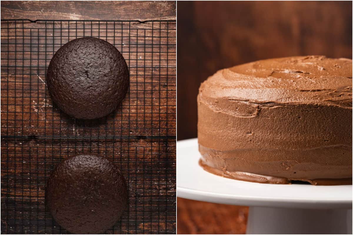 Collage of two photos showing cakes on wire cooling rack and then the whole frosted cake. 
