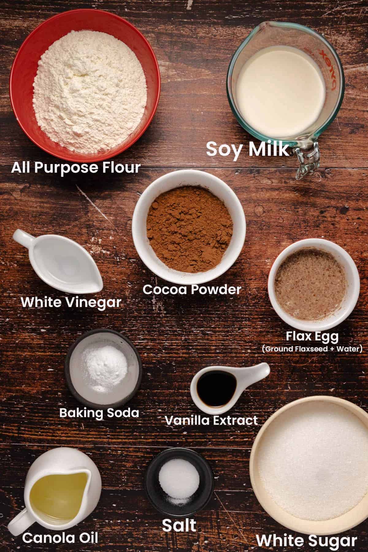 Ingredients to make easy vegan chocolate cake.