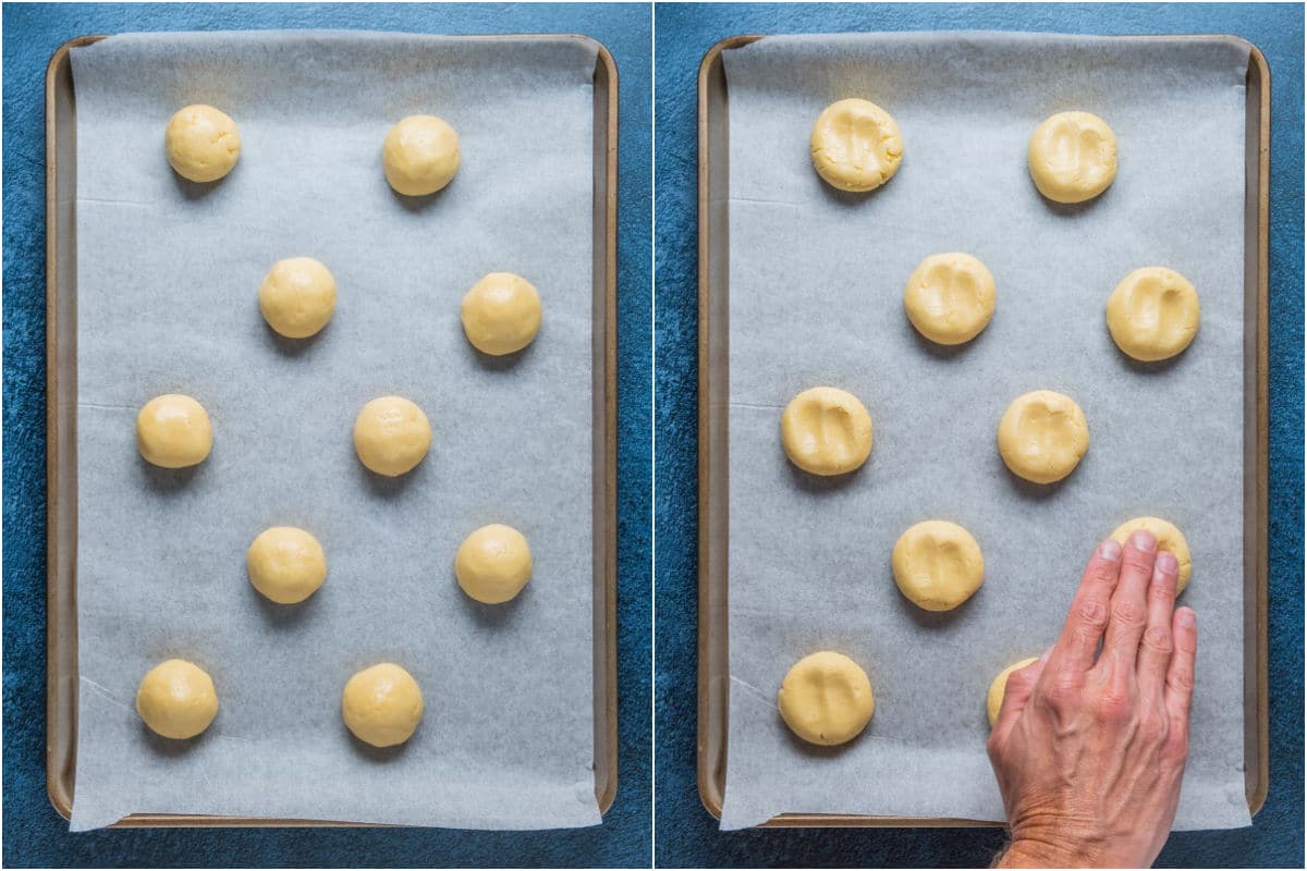 Two photo collage showing cookies rolled into balls and then flattened by hand.