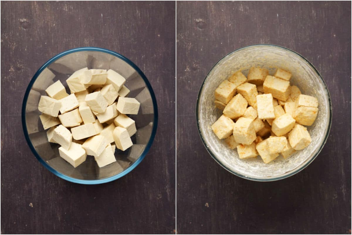 Two photo collage showing tofu cubes in a glass bowl and then coated with cornstarch and spices.