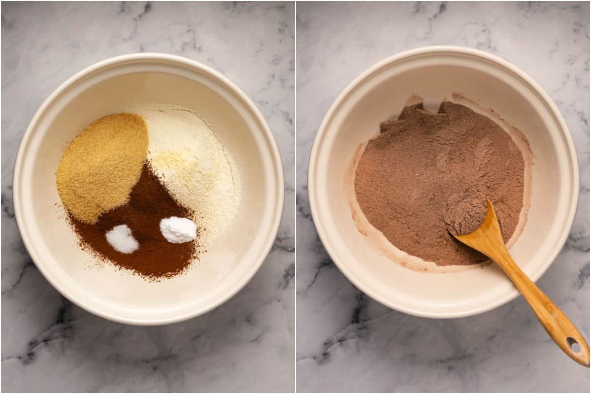Two photo collage showing mixing of dry ingredients for cake. 