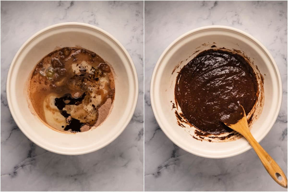 Two photo collage showing adding wet ingredients and mixing into a cake batter. 