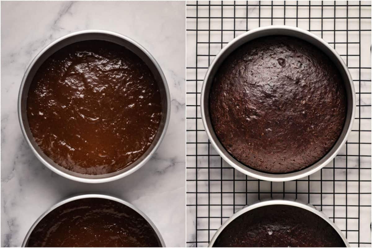 Collage of two photos showing chocolate cake before and after baking. 