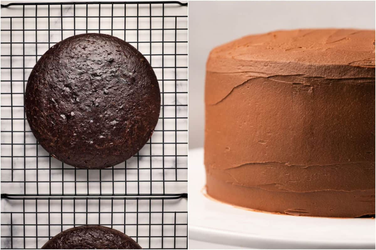 Collage of two photos showing cakes on wire cooling rack and then the frosted cake. 