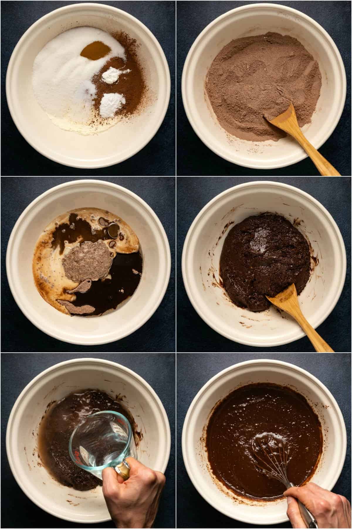 Step by step process photo collage of making the batter for a vegan gluten free chocolate cake. 