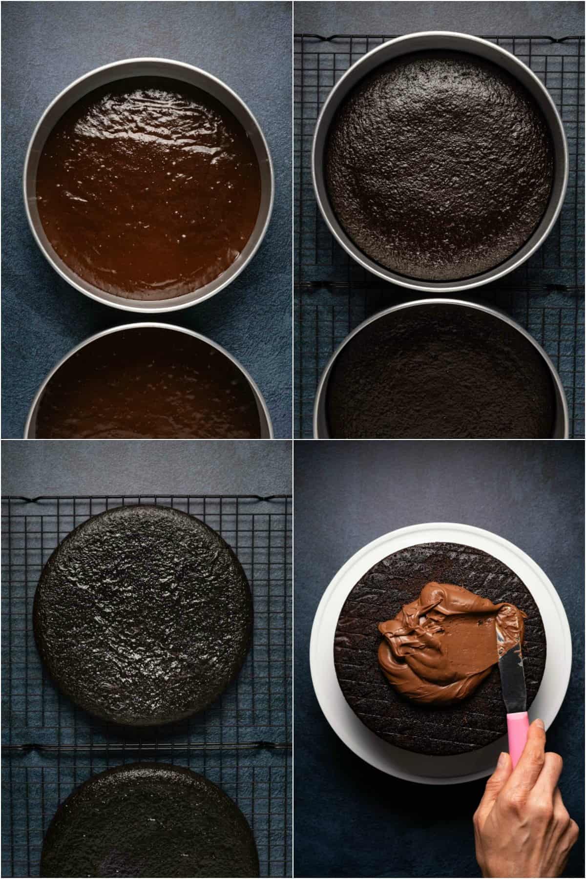 Step by step process photo collage of making a vegan gluten free chocolate cake.