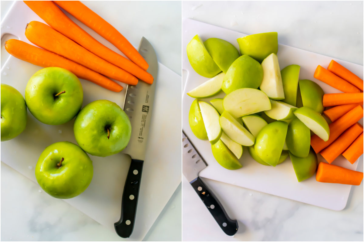 Two photo collage showing apples and carrots on a cutting board and then cut into pieces.