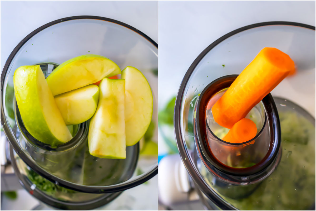 Two photo collage showing apples and carrots feeding into a juicer.