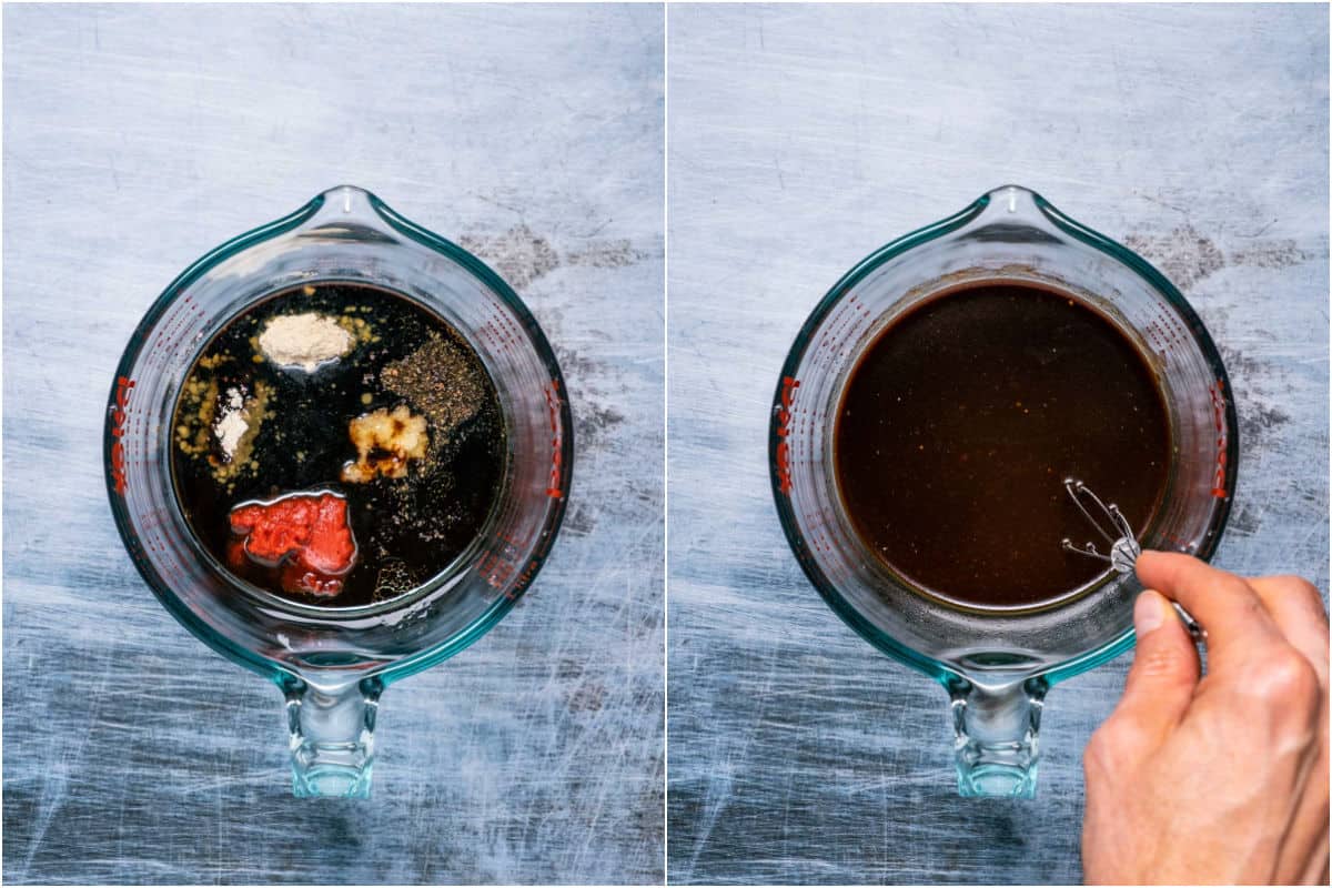 Collage of two photos showing marinade sauce ingredients added to measuring jug and then whisked together.
