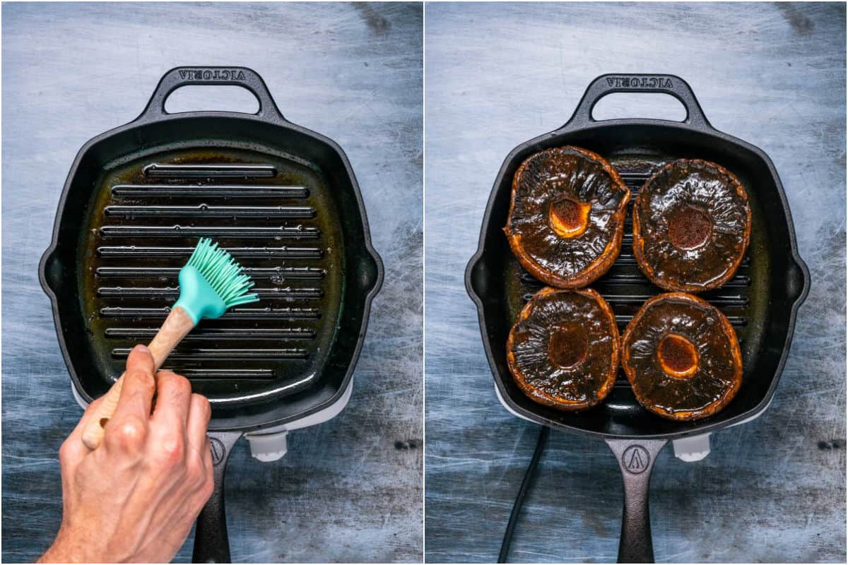 Two photo collage showing a grill pan being brushed with oil and then mushrooms frying in the grill pan.