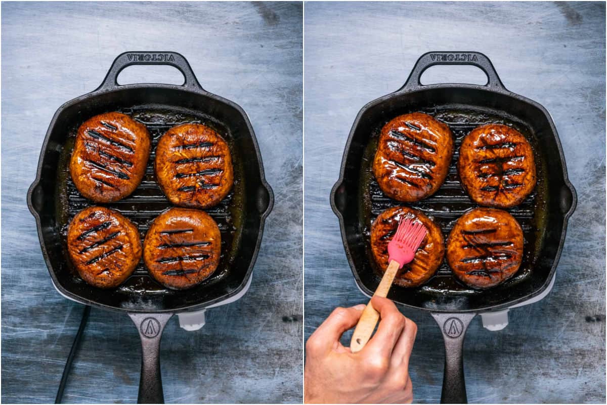 Two photo collage showing mushrooms with grill lines and then having marinade sauce brushed on top.