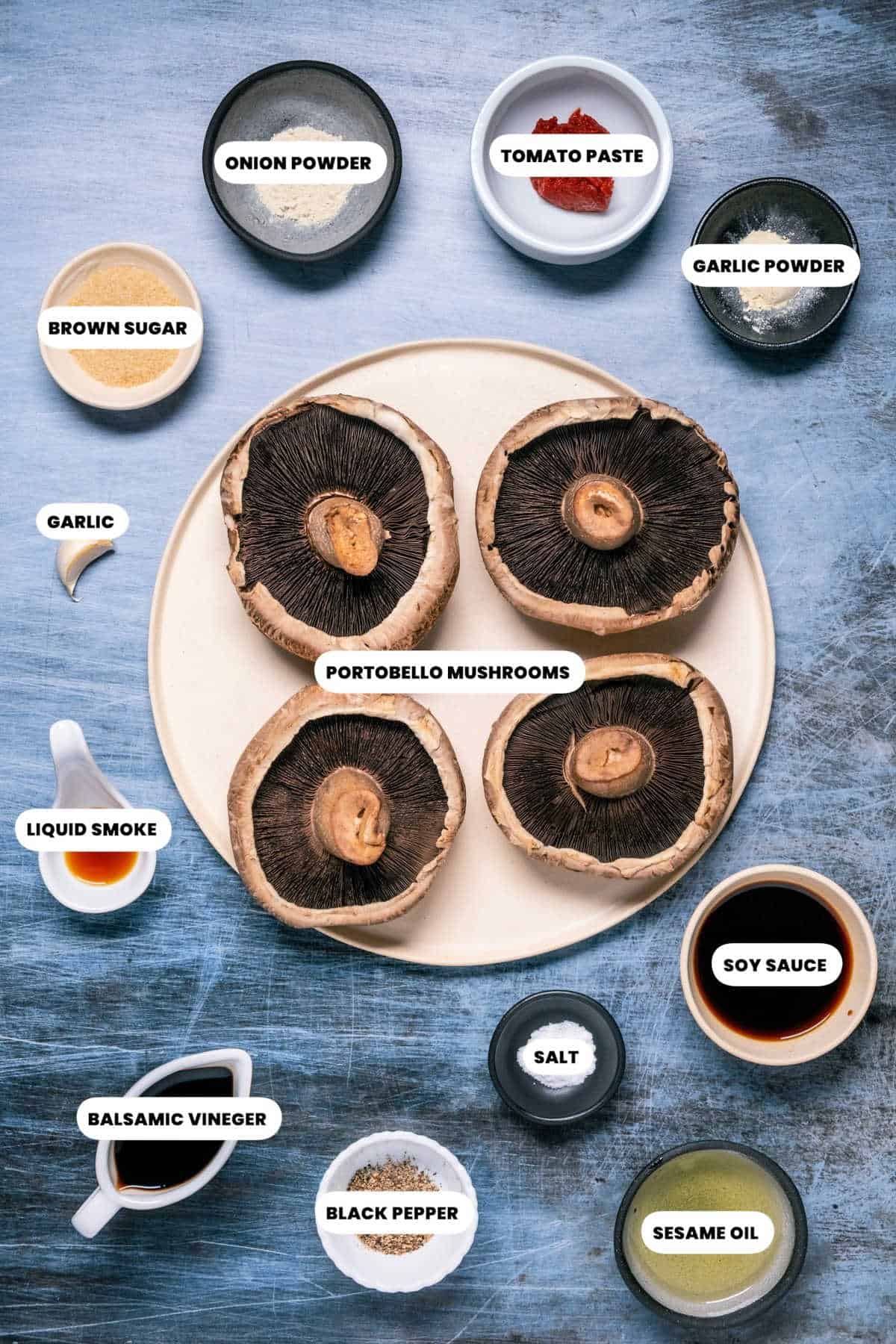 Photo of the ingredients needed to make portobello mushroom steaks.