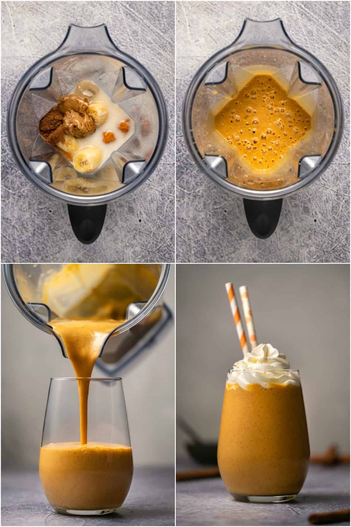 Step by step process photo collage of making a pumpkin pie smoothie. 