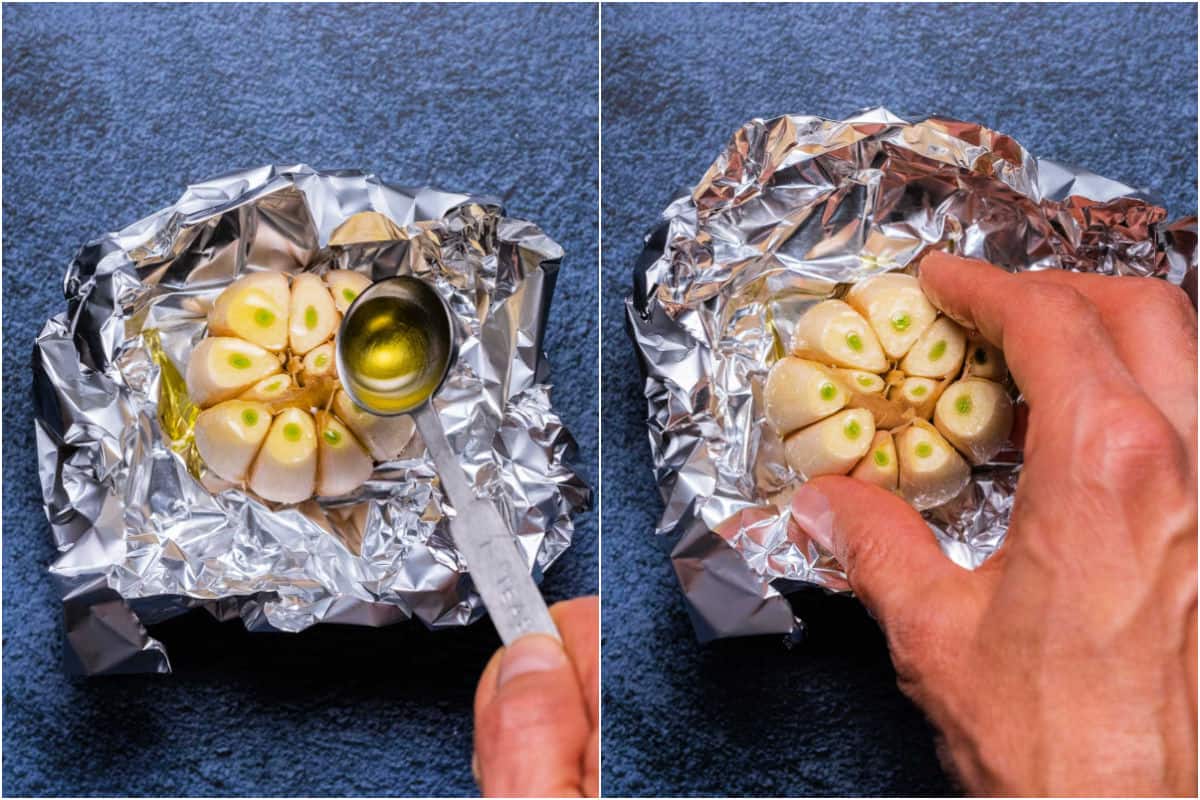 Two photo collage showing olive oil pouring over head of garlic and then massaged in with fingers.