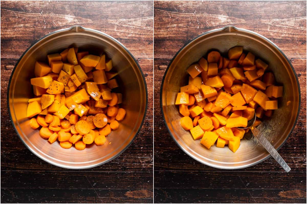 Two photo collage showing chopped butternuts, carrots, oil and spices in a bowl and tossed together.