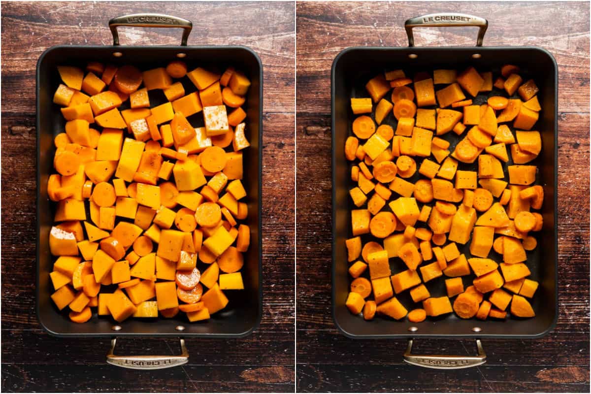 Two photo collage showing butternut squash and carrots in a roasting dish before and after roasting.