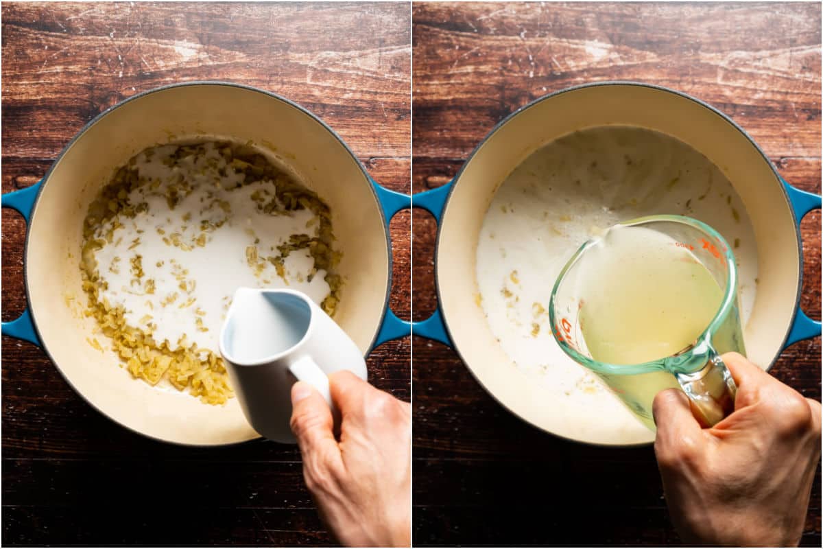 Two photo collage showing coconut milk and vegetable stock added to pot.