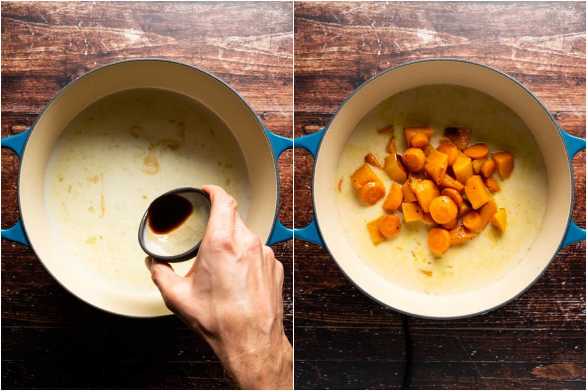 Two photo collage showing soy sauce and roasted butternut squash and carrots added to pot.