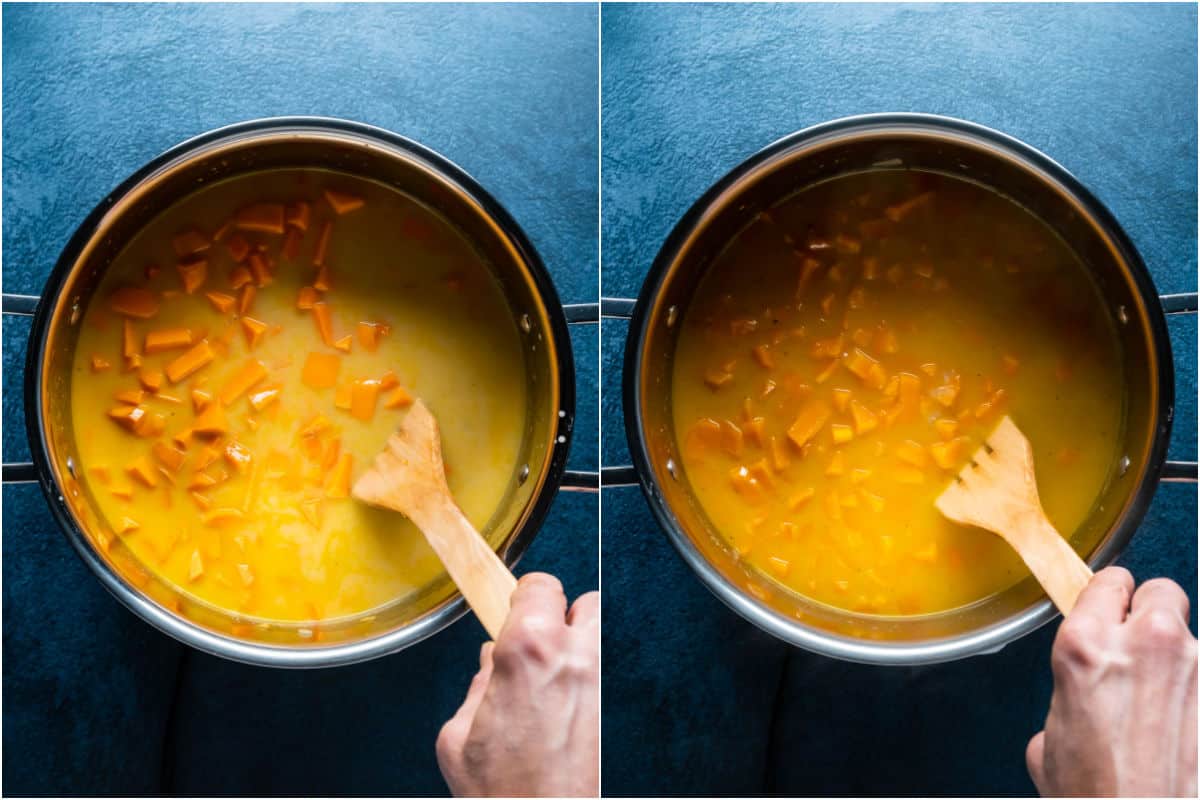 Two photo collage showing vegetable stock, coconut milk and soy sauce added to pot and then simmered until cooked.