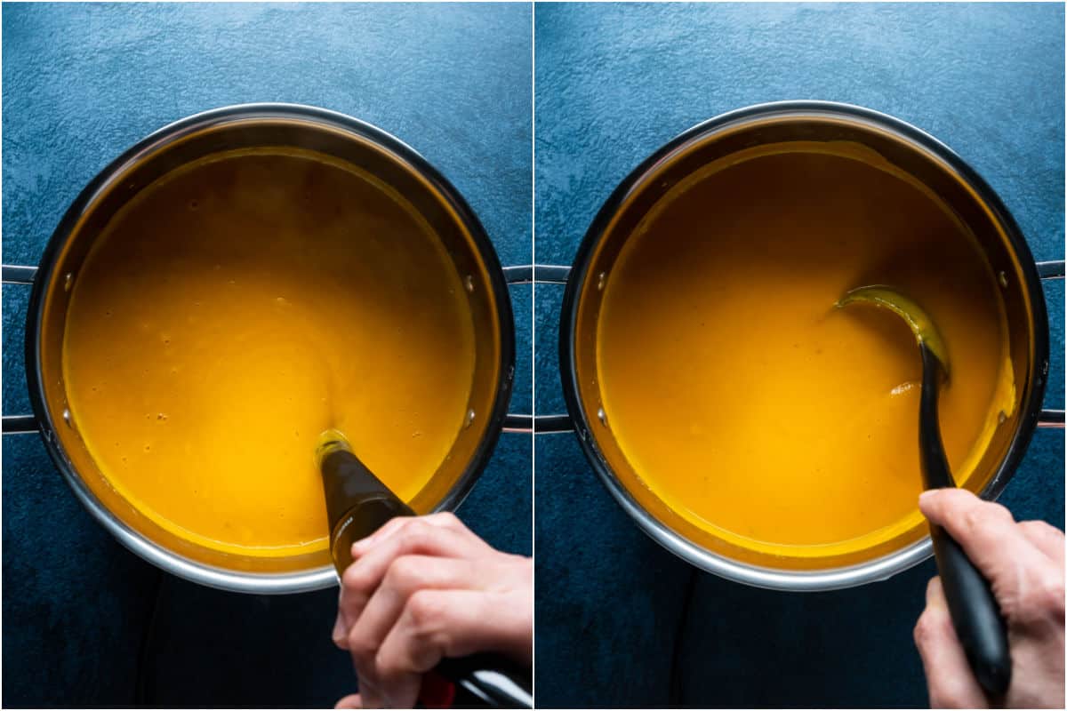 Two photo collage showing immersion blender blending the soup in the pot and then stirring in salt, pepper and coconut sugar.