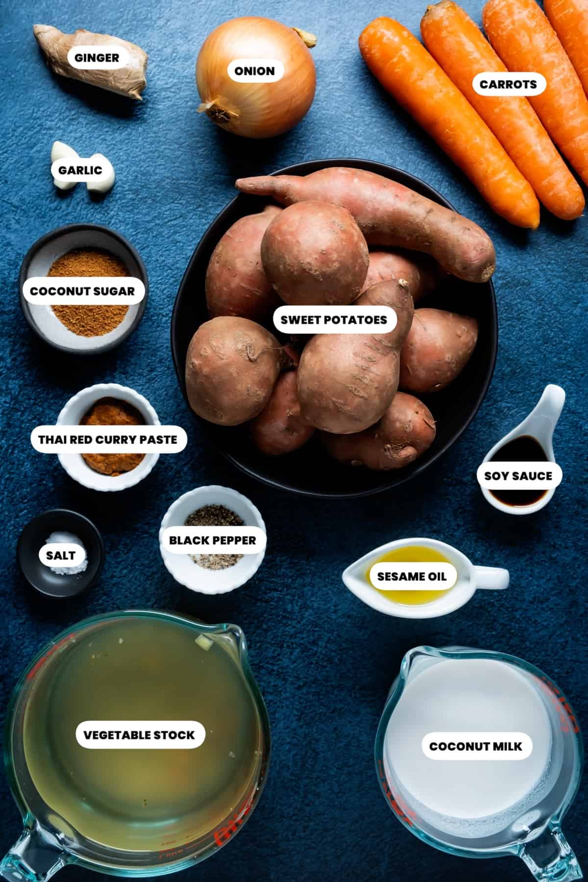 Photo of the ingredients needed to make Thai sweet potato soup.