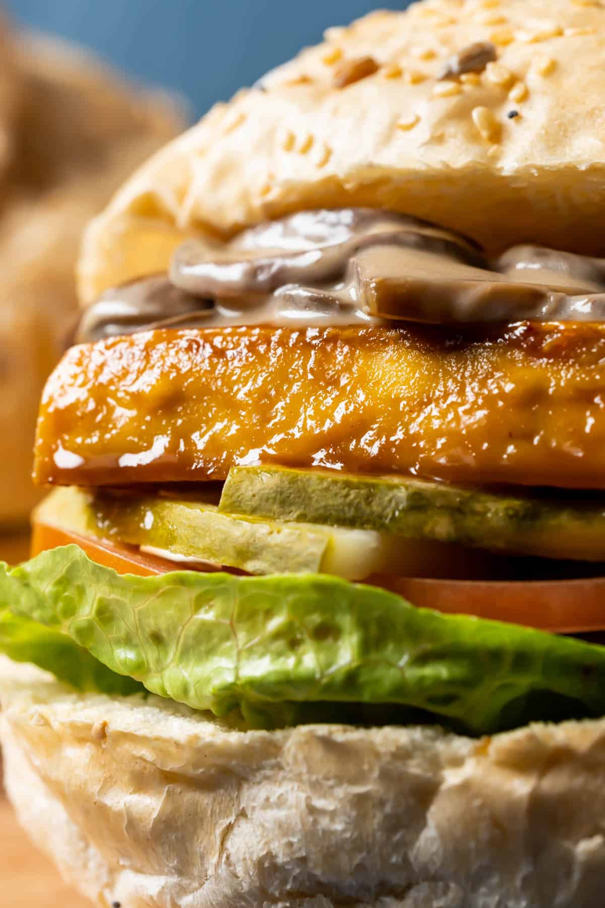 Close up photo of a tofu burger with mushroom sauce.