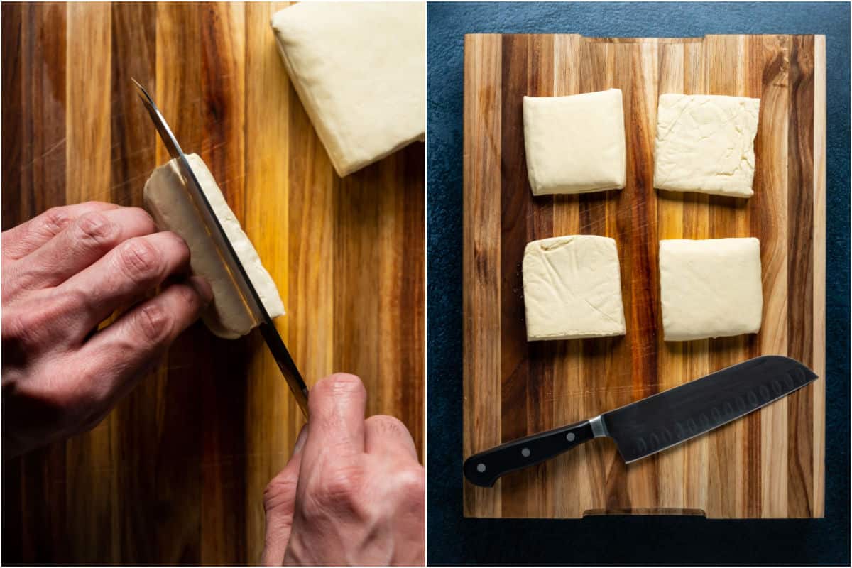 Two photo collage showing cutting blocks of tofu in half to form square burgers.