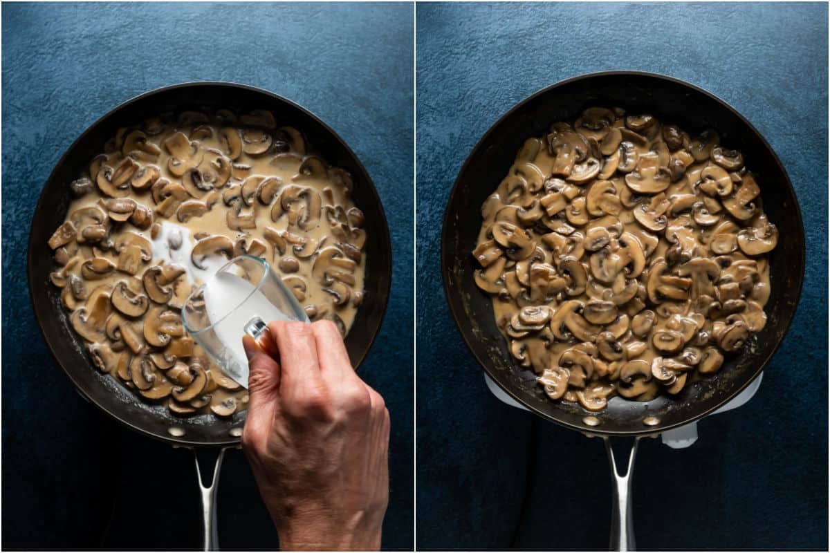 Two photo collage showing cornstarch slurry added to mushroom sauce and then the final sauce.