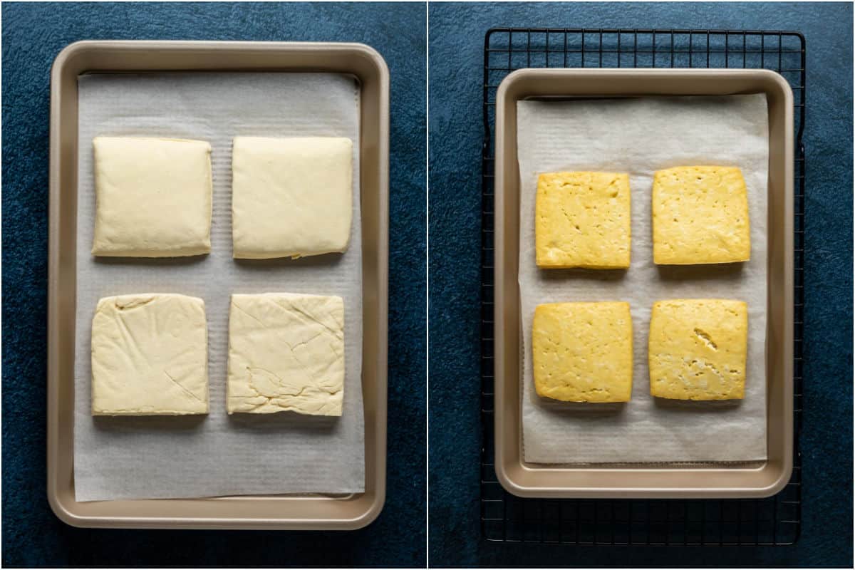 Two photo collage showing tofu burgers on a parchment lined tray and then after baking in them in the oven.