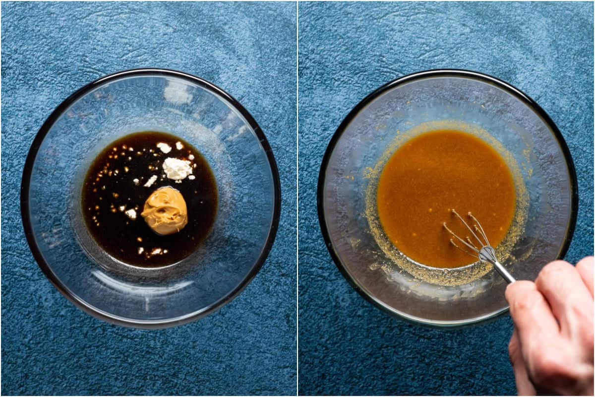 Two photo collage showing ingredients for the marinade sauce added to a bowl and whisked together.
