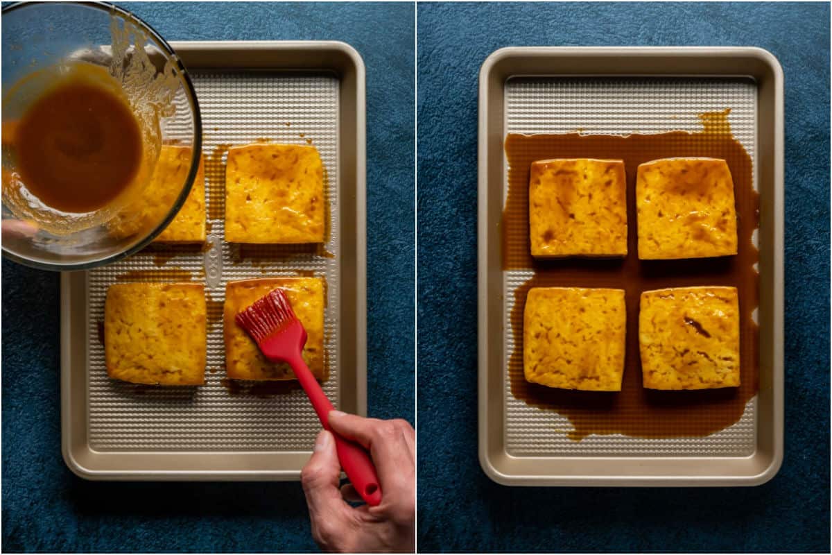 Two photo collage showing marinade sauce being brushed onto the tofu burgers and then marinading in the sauce.