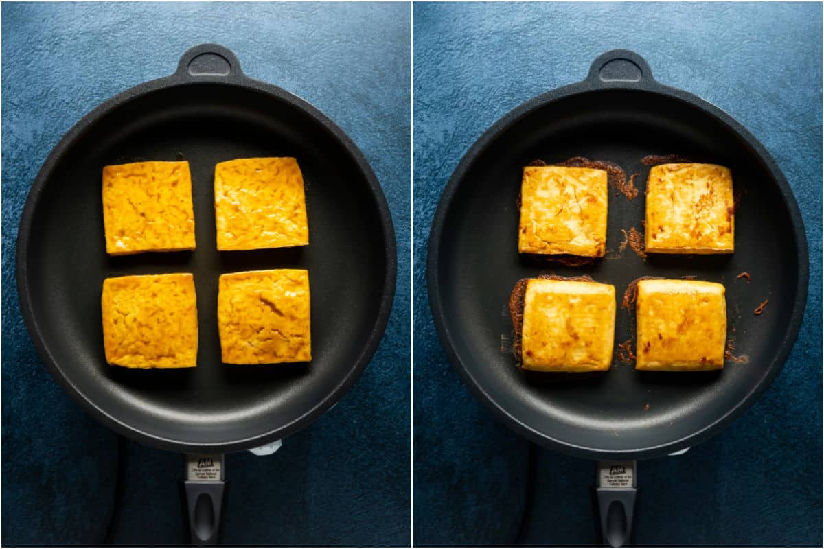 Two photo collage showing tofu burgers added to frying pan and then flipped.