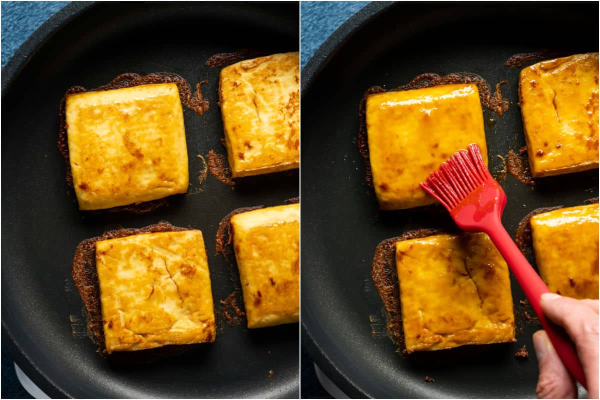 Two photo collage showing tofu burgers in the frying pan and then more marinade sauce being brushed onto them.