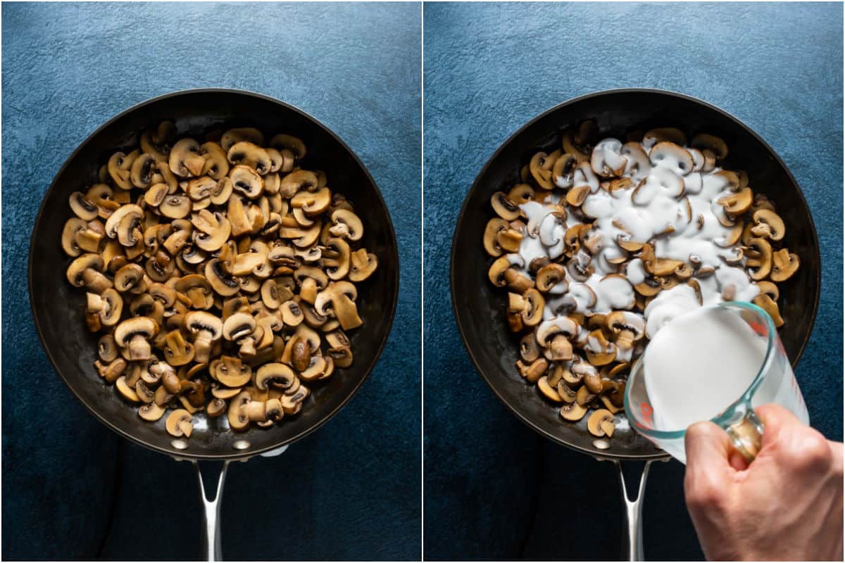 Two photo collage showing cooked mushrooms and then coconut cream poured over the top.