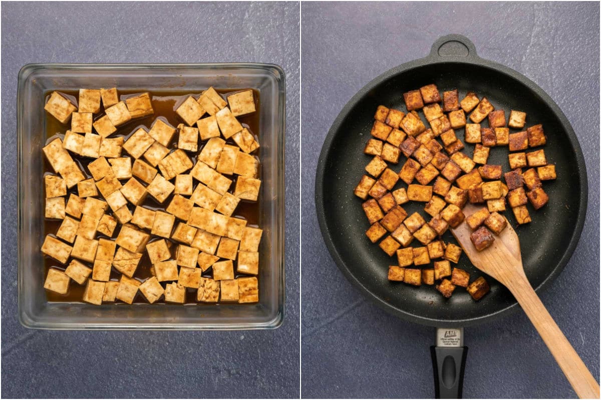 Marinated tofu in a glass dish and then fried in a frying pan.