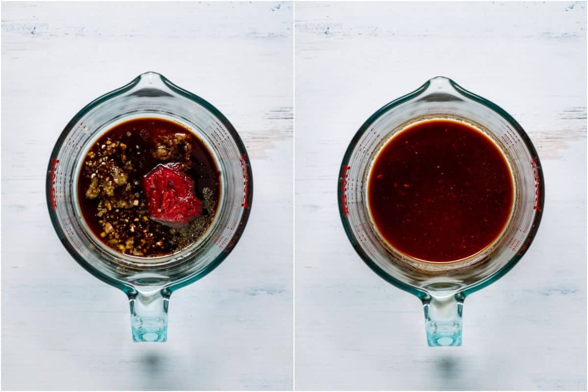 Two photo collage showing marinade ingredients in a measuring jug and then mixed together.
