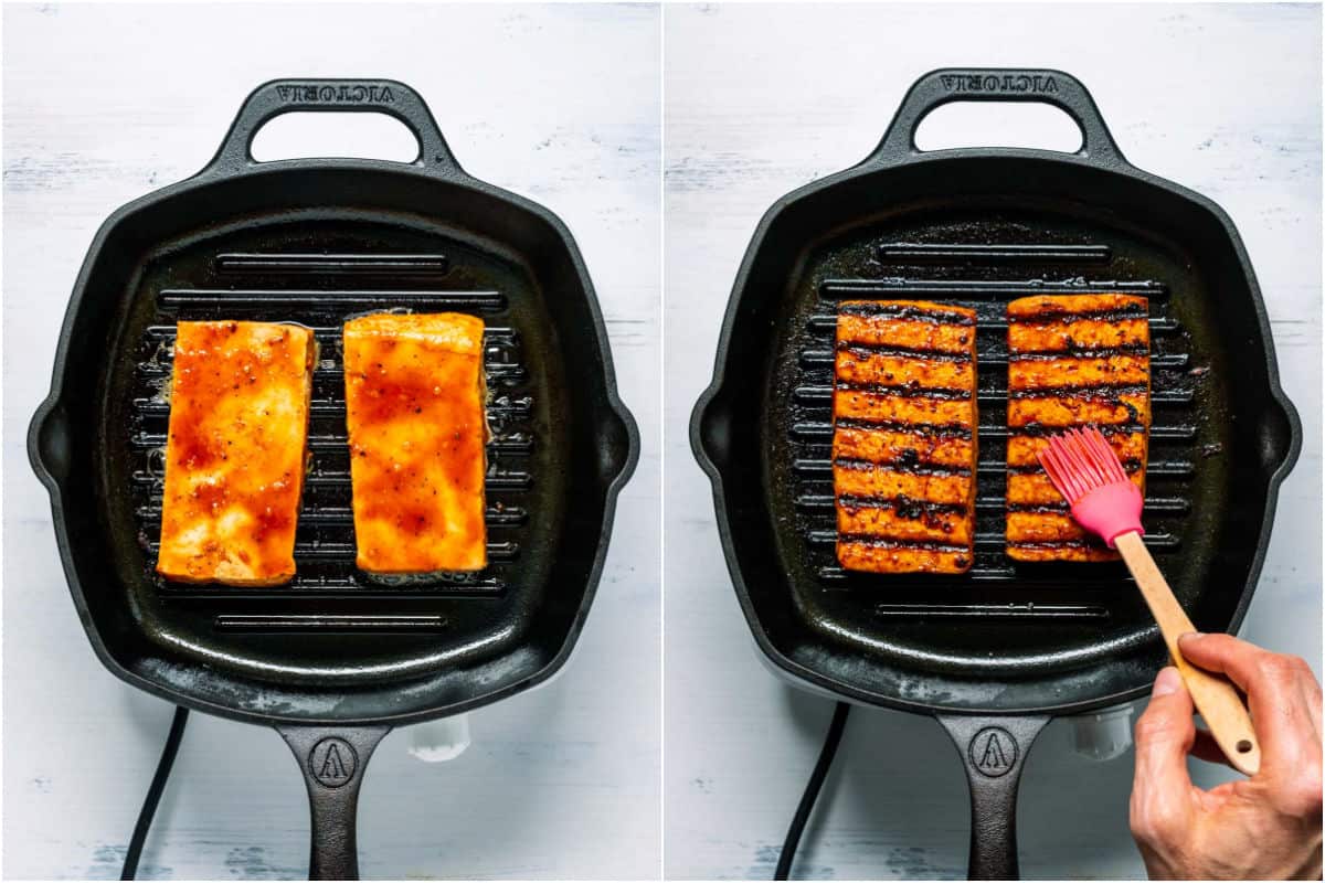 Two photo collage showing tofu steaks cooking in grilled pan and then flipped over.