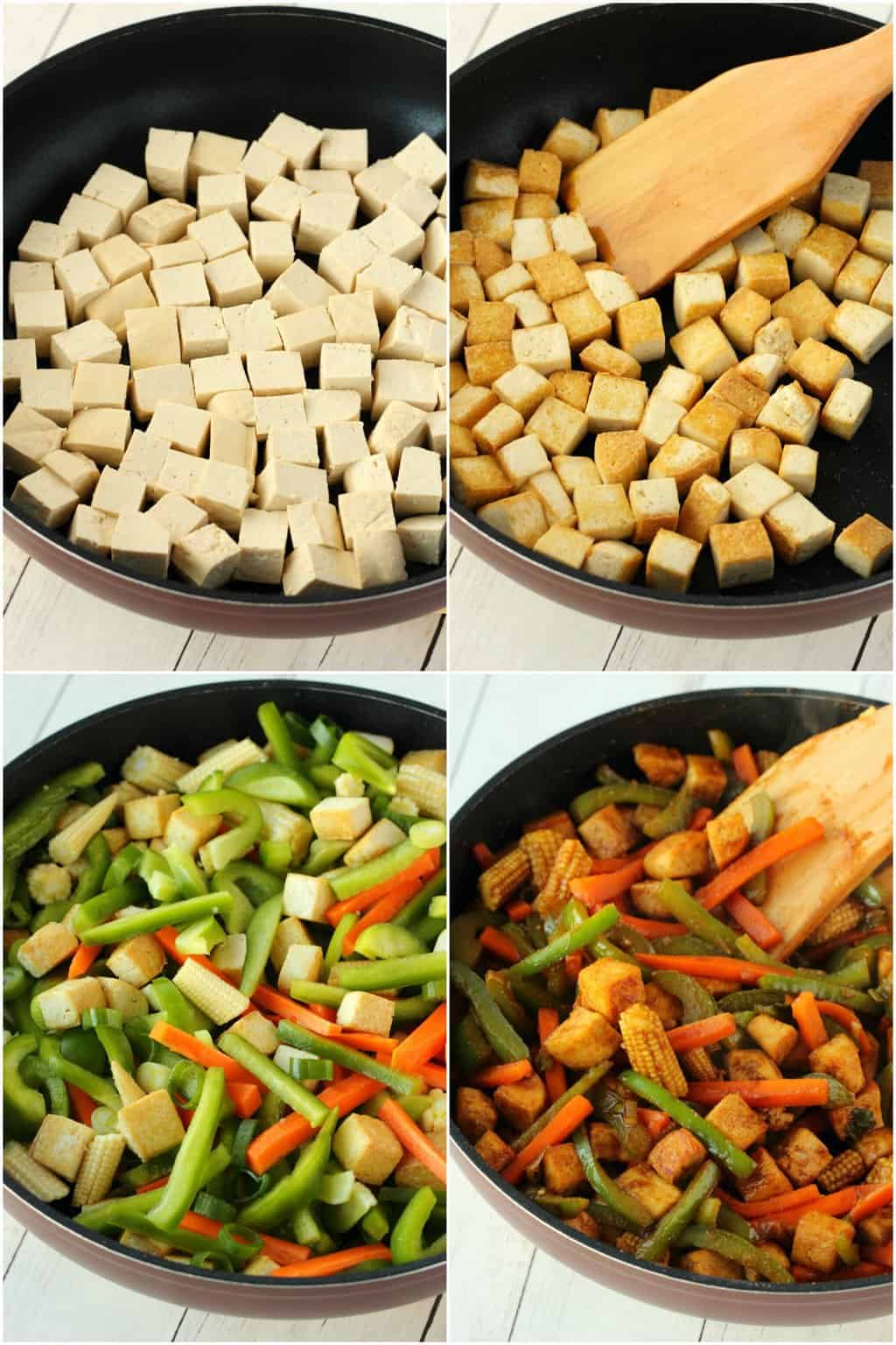 Step by step process photo collage of making a tofu stir fry. 
