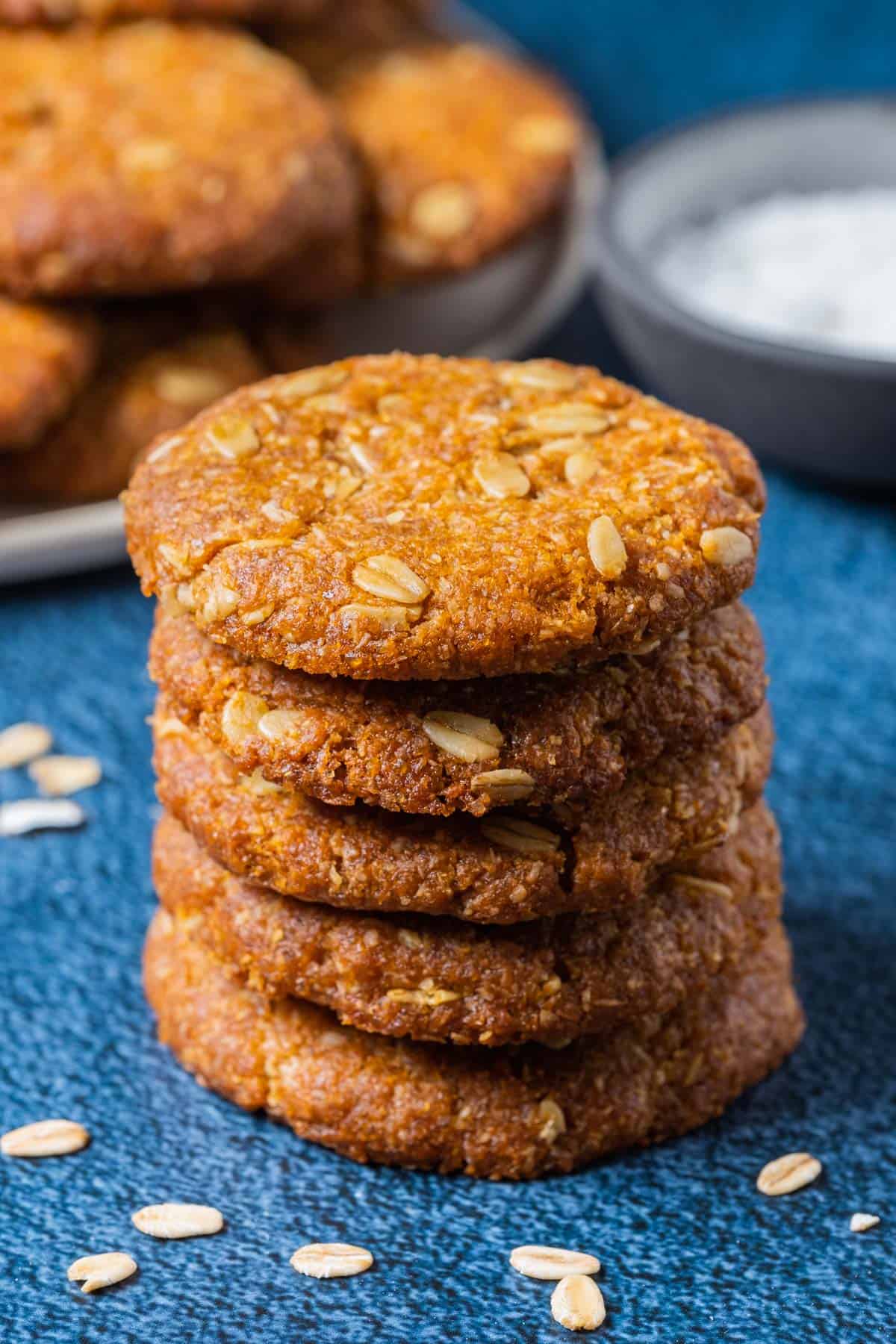 A stack of vegan Anzac biscuits.