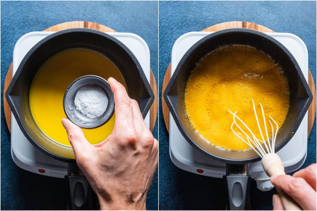 Two photo collage showing baking soda added to melted butter and syrup and whisked in.